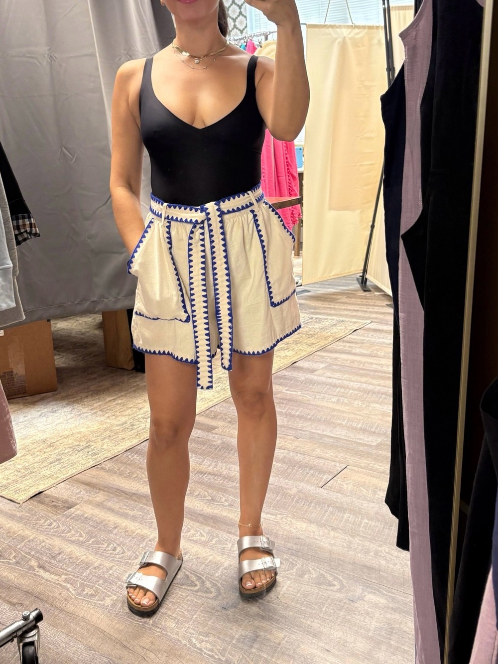 En Saison Cream Shorts with Blue Zigzag Trim and Tie Waist - Picture 5 of 5